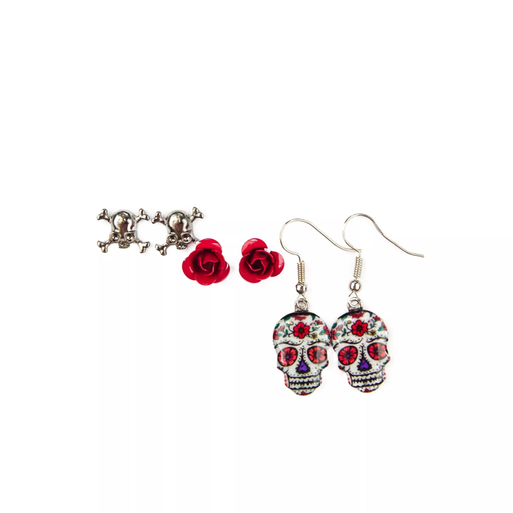 Rose Trio Sugar Skull Earring Set