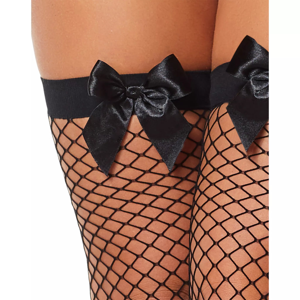 Black Bow Fishnet Thigh High Stockings