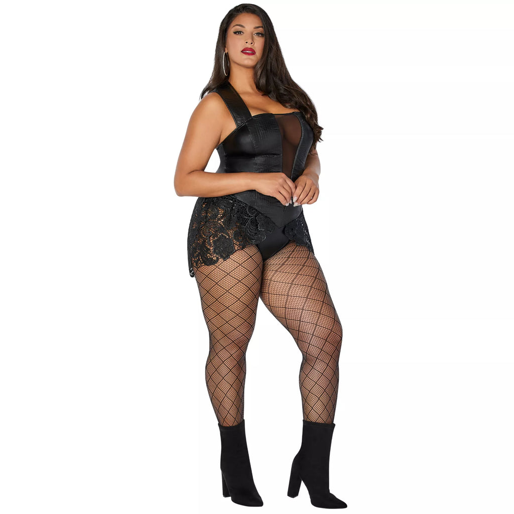 Adult Black Faux Leather and Lace Bodysuit