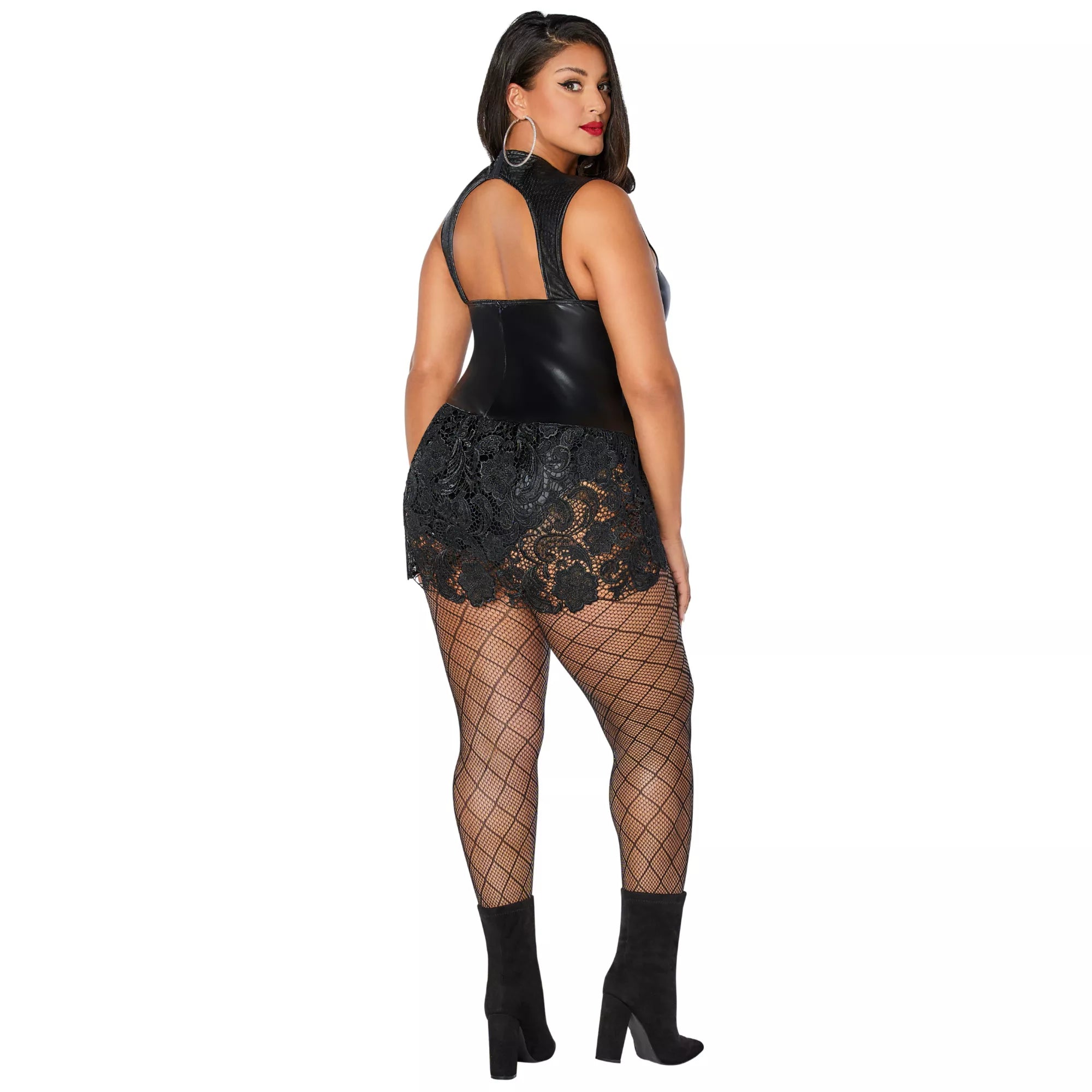 Adult Black Faux Leather and Lace Bodysuit