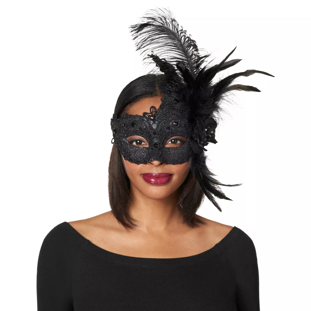 Black Sparkle Feather Eye Mask