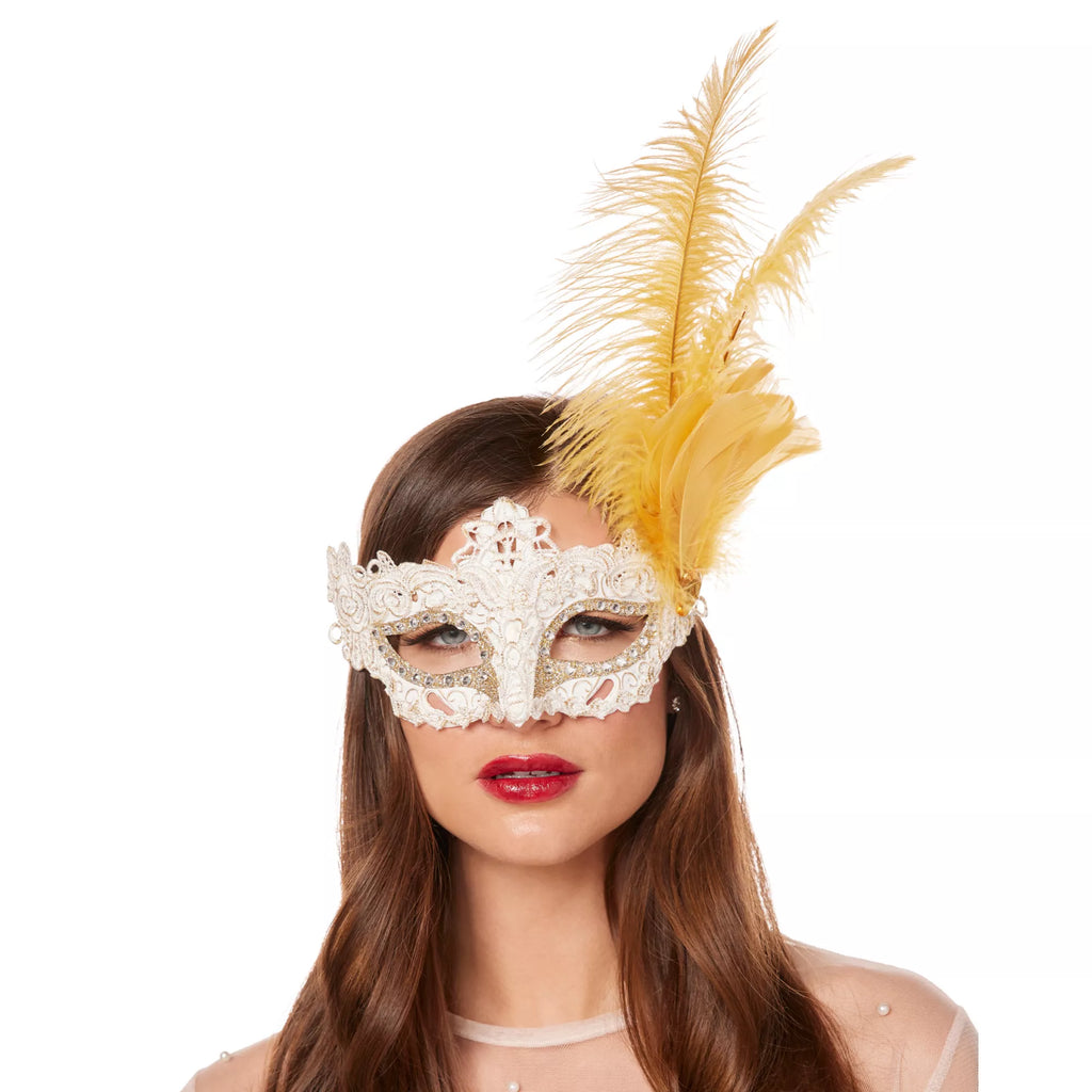 Gold Feather and Lace Eye Half Mask