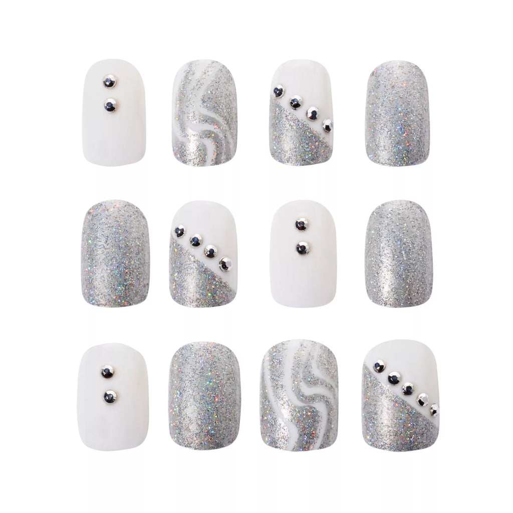 Silver and White Press On Nails