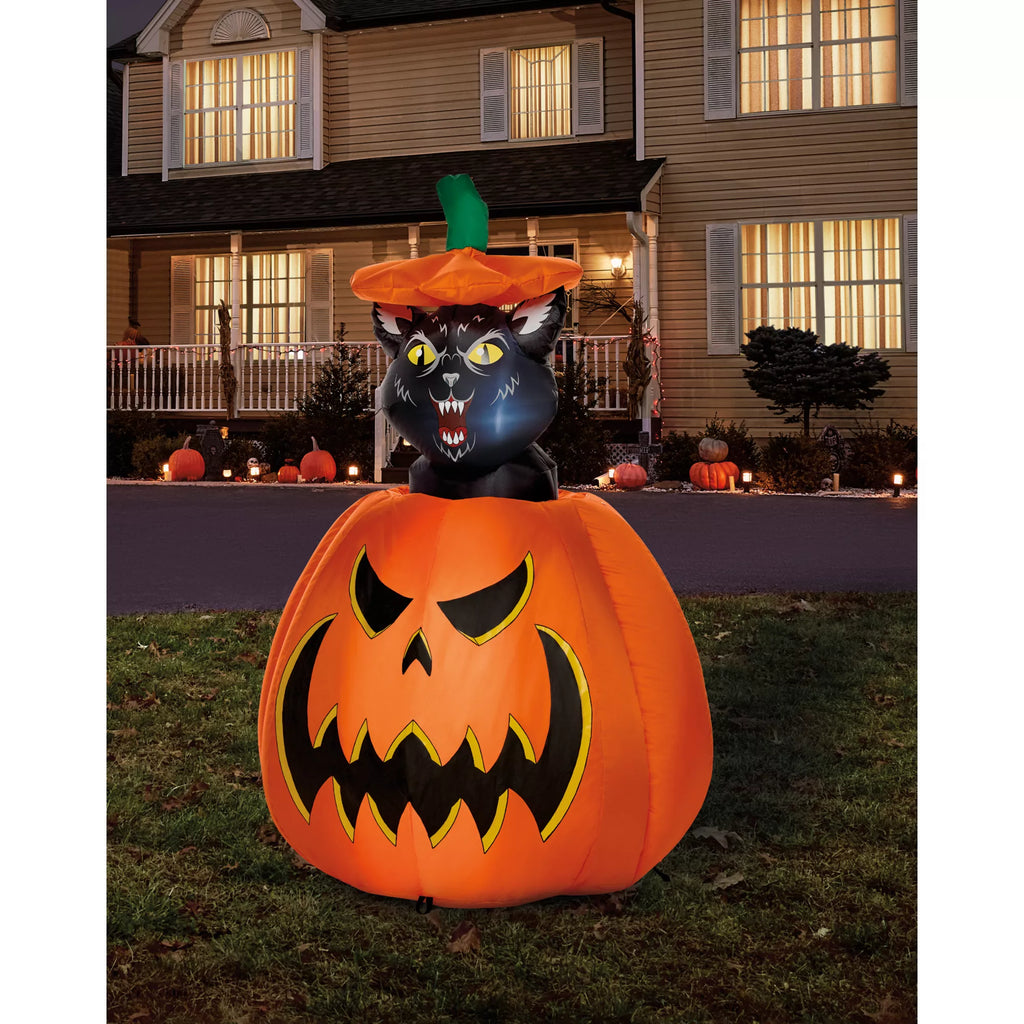 3 Ft 7 In Light-Up Animated Rising Pumpkin Cat Inflatable Decoration