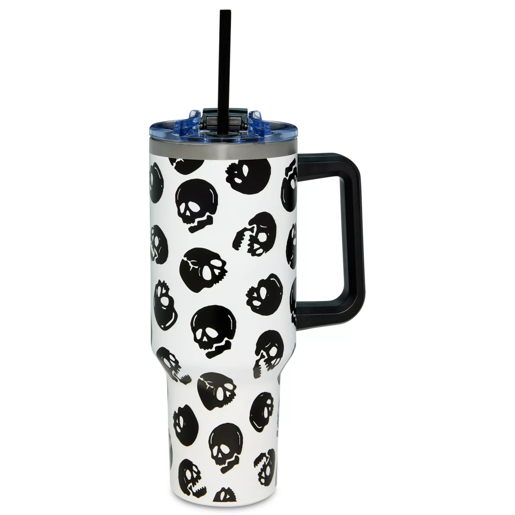 Black and White Glow in the Dark Skull Print Travel Tumbler with Straw - 40 oz.