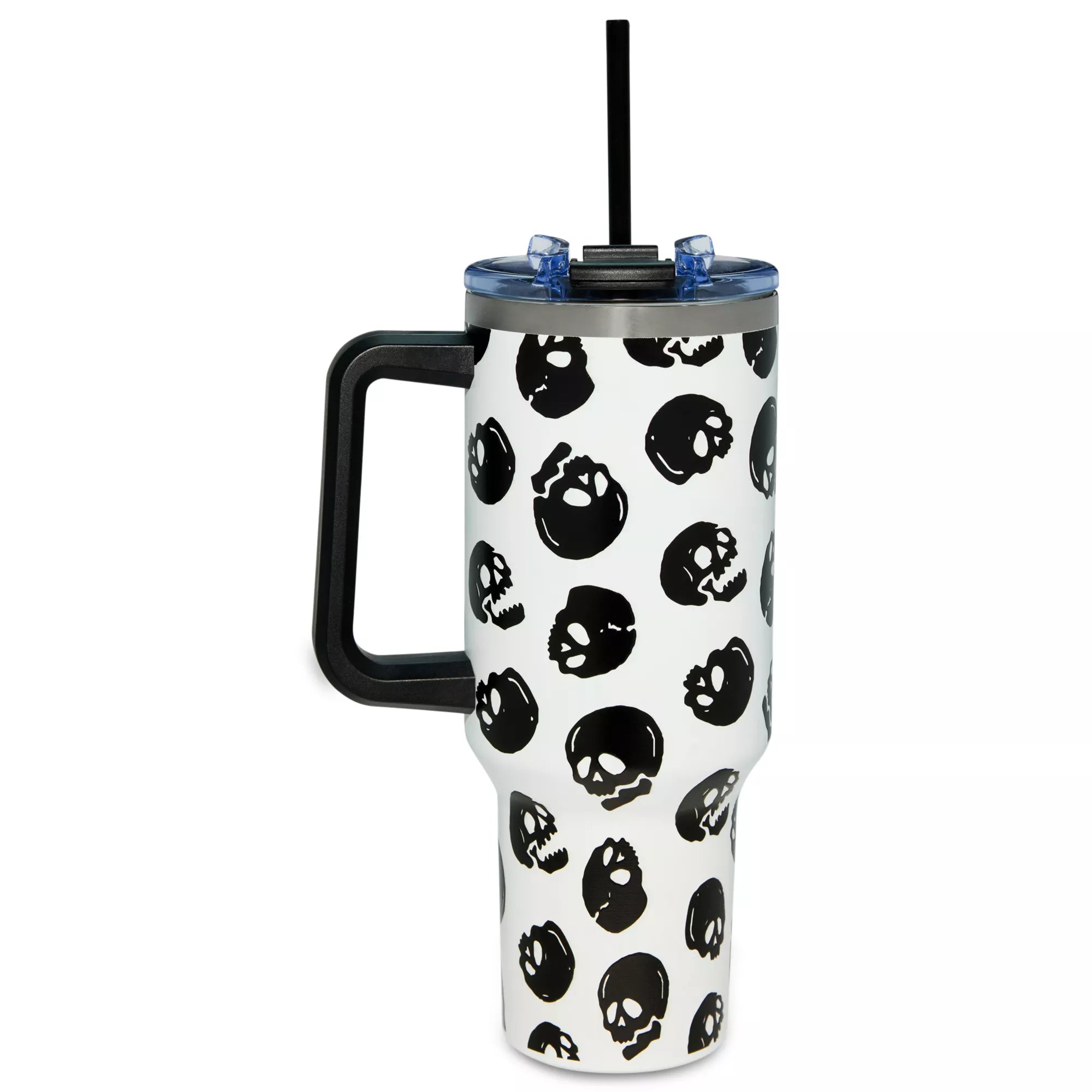 Black and White Glow in the Dark Skull Print Travel Tumbler with Straw - 40 oz.