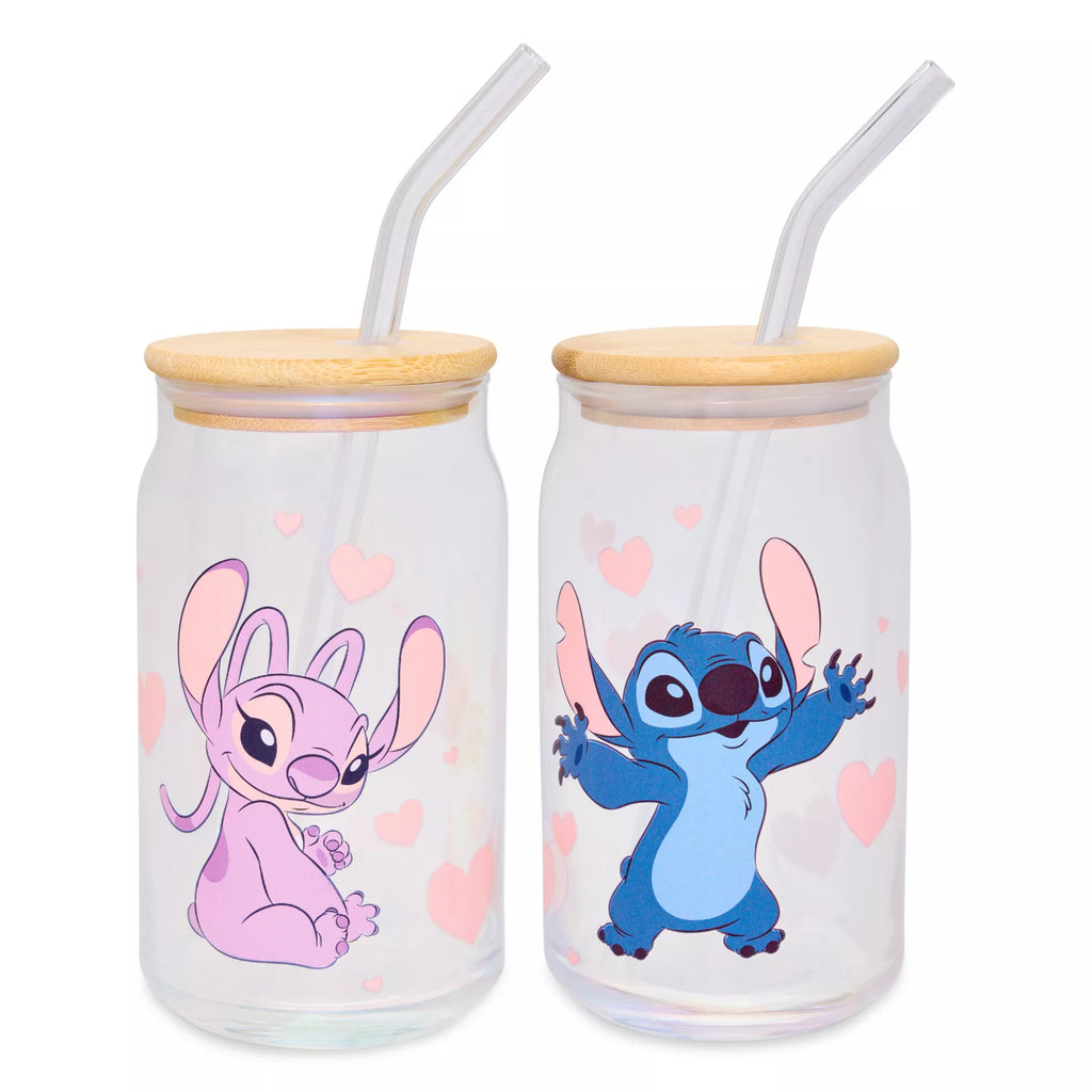 Stitch and Angel Glass Cup with Straw Set 16 oz. - Lilo & Stitch