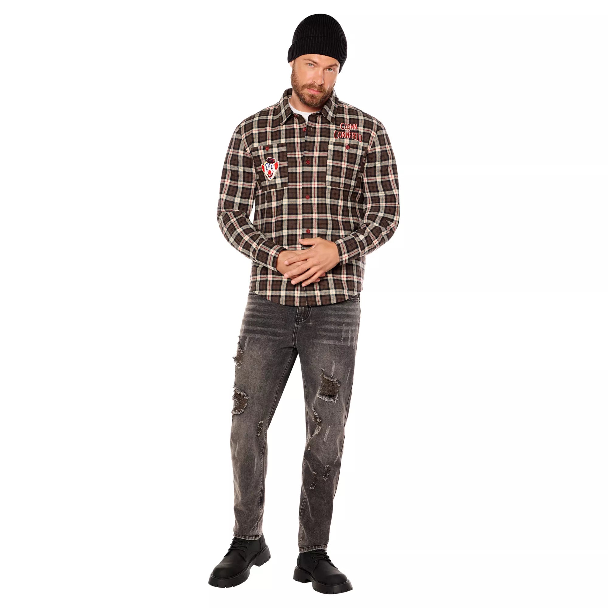 Adult Clown in a Cornfield Flannel Shirt